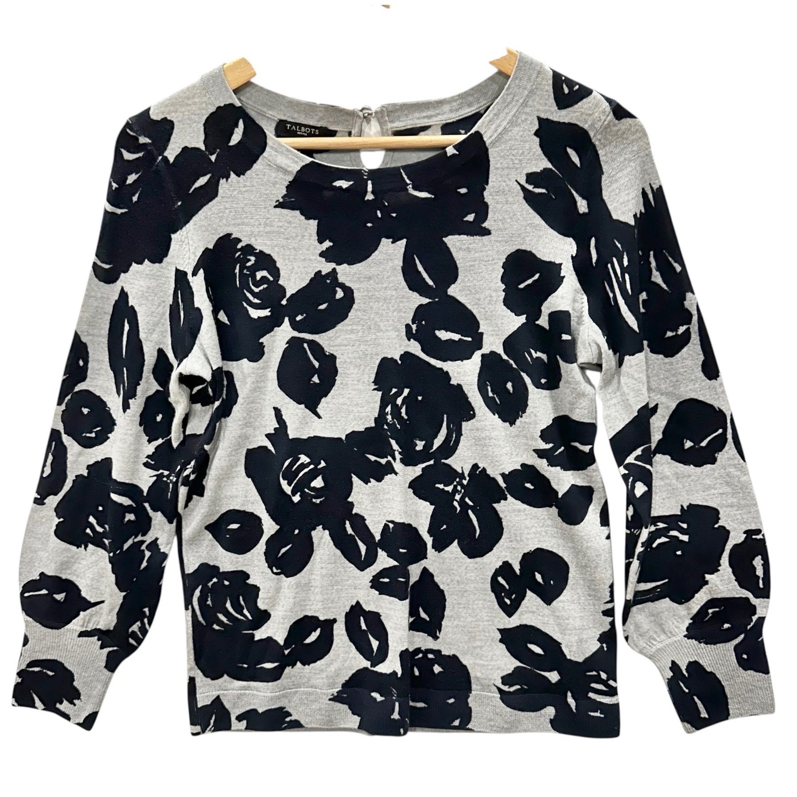 Talbots Petites Merino Wool Floral Sweater Grey Black Keyhole Back Size Mp